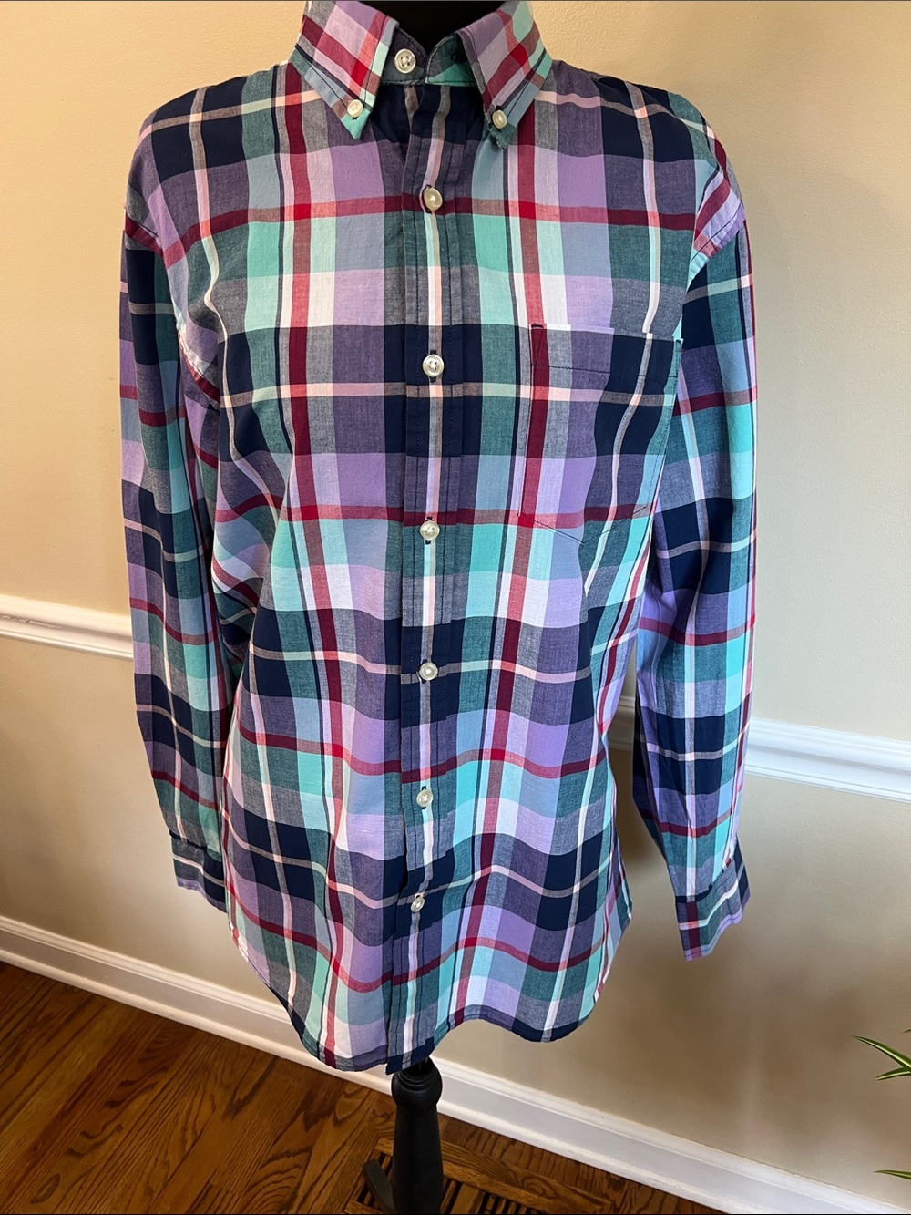 Sonoma Plaid Button-Down Shirt in Navy, Teal & Purple
